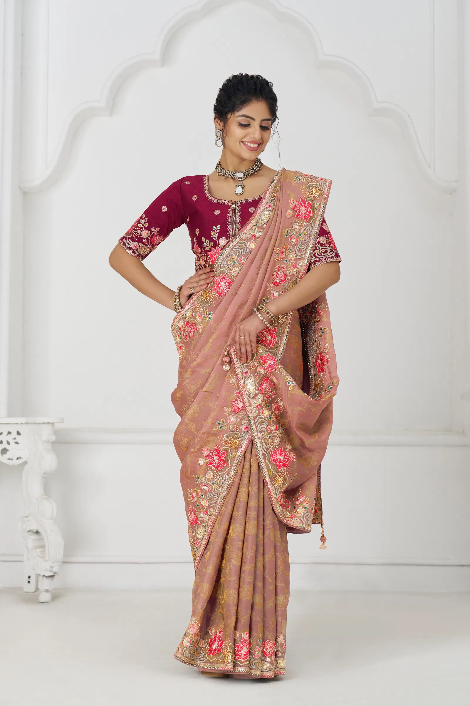 Kf 112 Peach Pure Dola Viscouse Silk Saree Suppliers In India